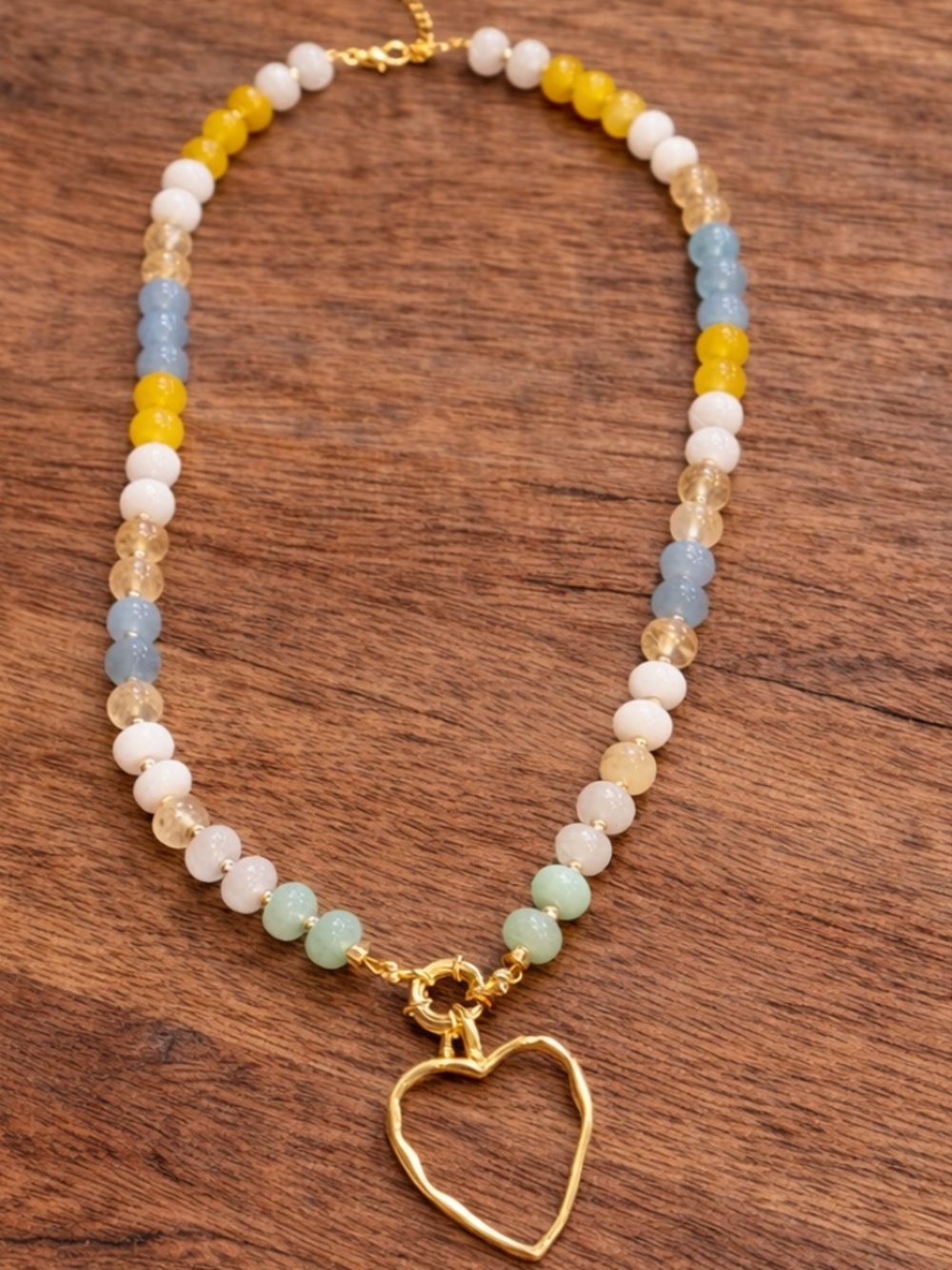 18k gold filled beaded gemstone necklace with hammered heart